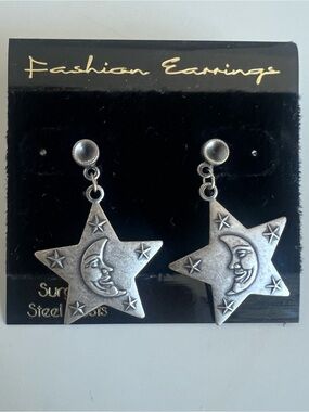 Celestial Silver Moon & Star Dangle Earrings